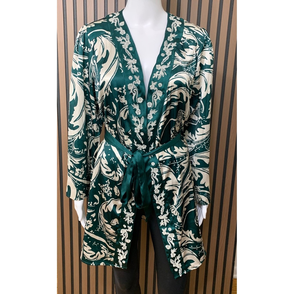 Anthropologie Green Botanical Floral Embroidered Belted Robe Duster XXS/XS